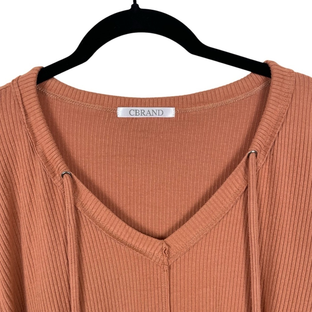 Cbrand Terracotta Orange Long Sleeved Ribbed Relaxed V-Neck Drawstring Top Sz M - Picture 2 of 13